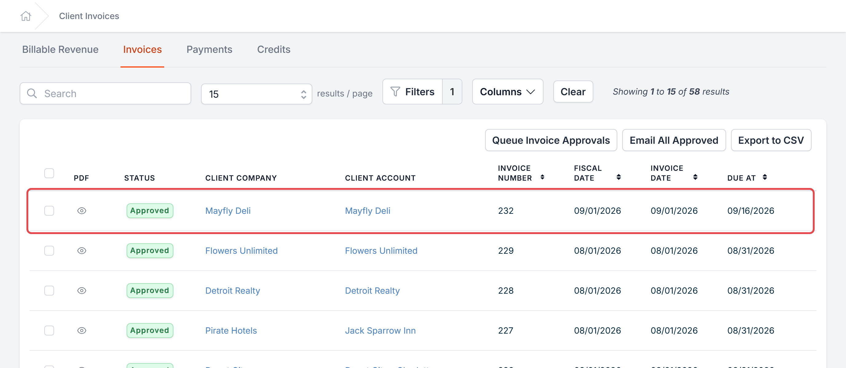 An approved invoice row on the Client Invoices page