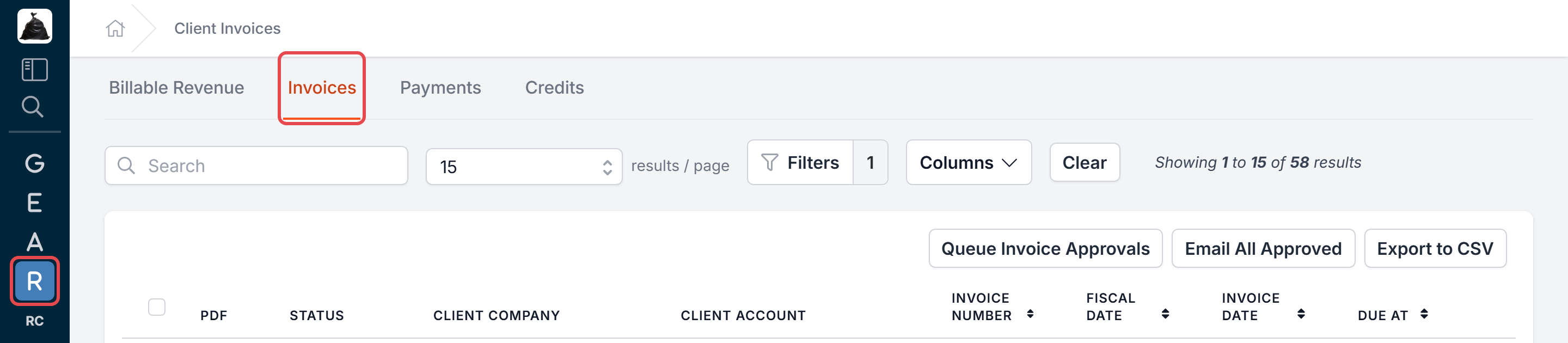Revenue in the navigation and the Invoices tab