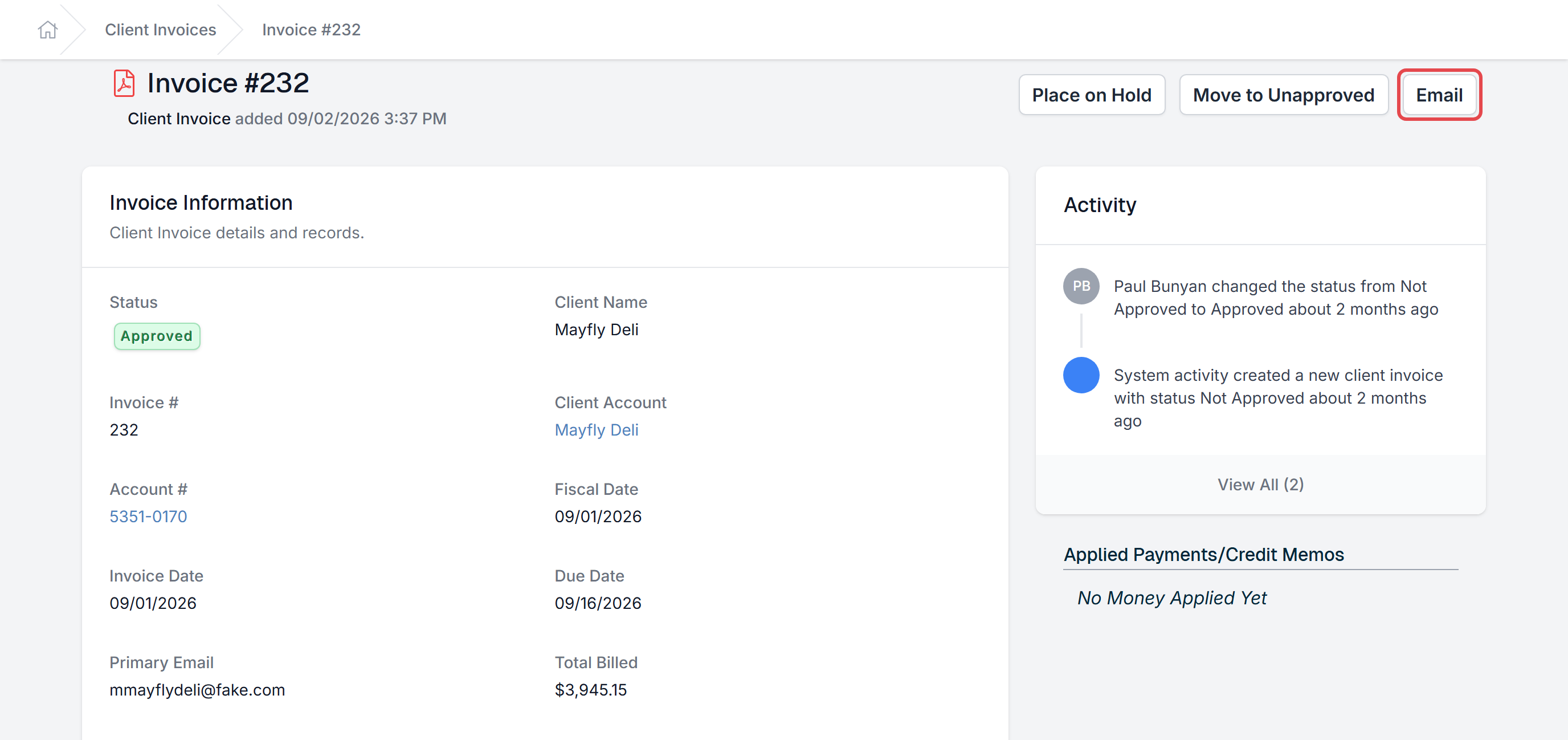 The Email button on an approved client invoice
