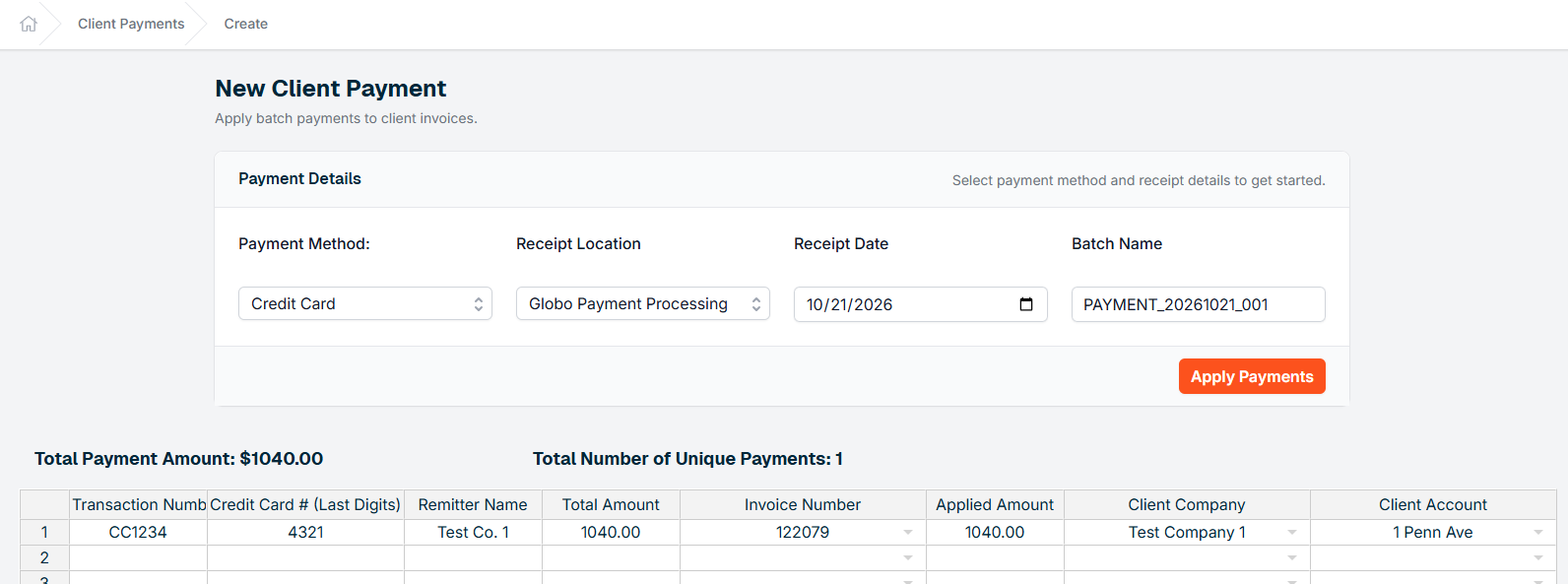 A client payment batch for one credit card payment