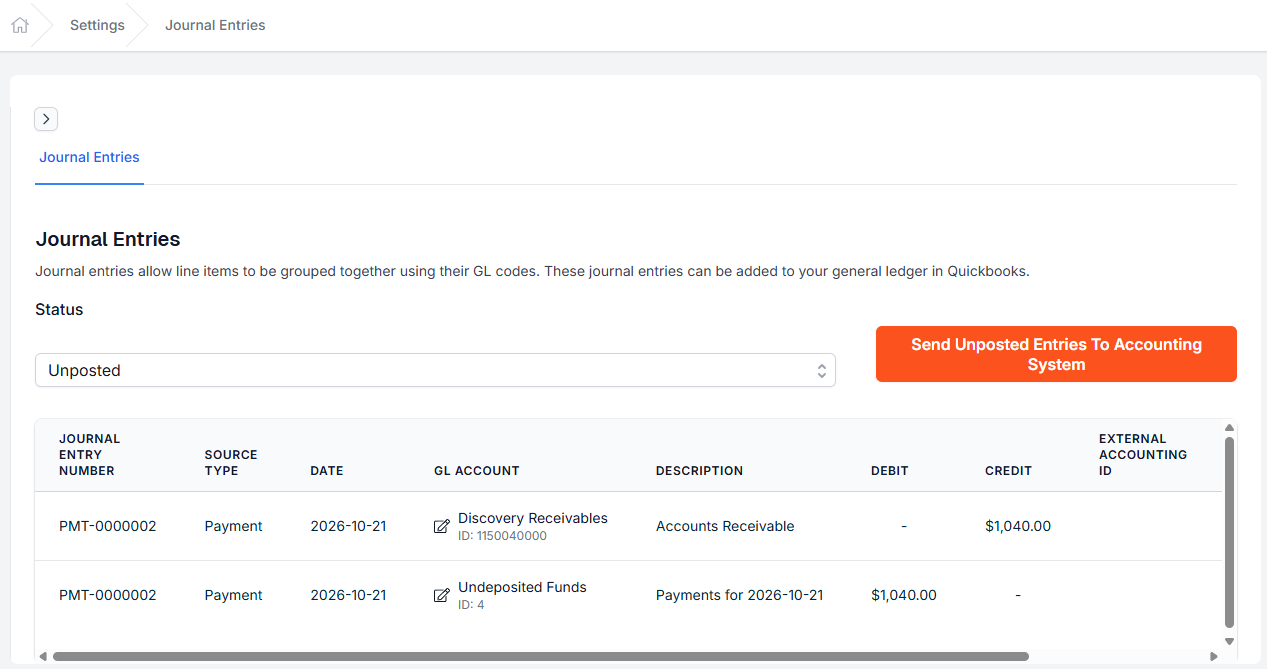 The journal entry Discovery created for the payment batch