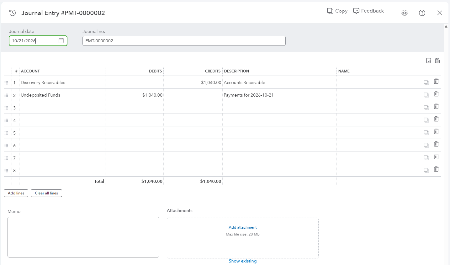 The same journal entry in QuickBooks Online
