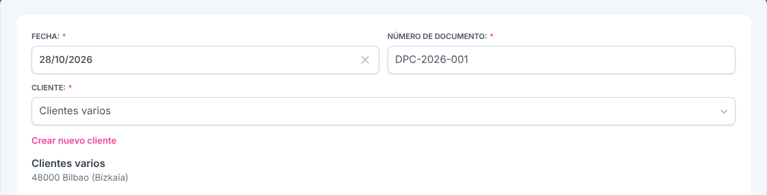 Fecha, número de documento y cliente del nuevo ingreso