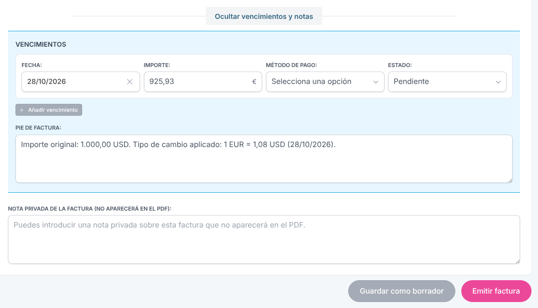 Pie de factura con el importe original y el tipo de cambio, y botón Emitir factura
