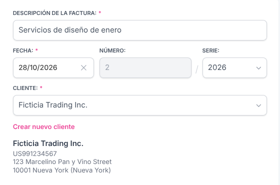 Cliente extranjero seleccionado en la factura