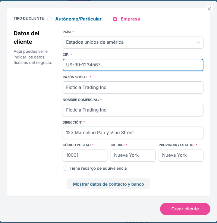 Ventana de nuevo cliente con país Estados Unidos