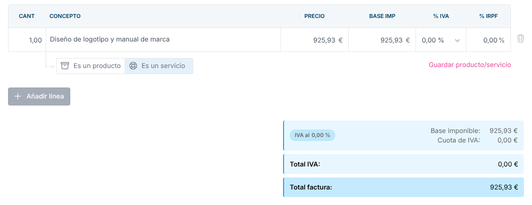 Línea de factura con el precio en euros e IVA al 0 %
