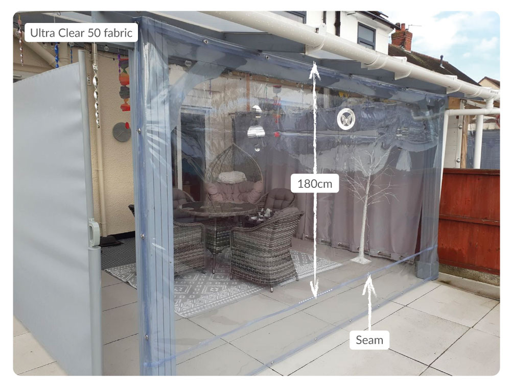 A seam appears as a visible join line where two pieces of clear PVC overlap