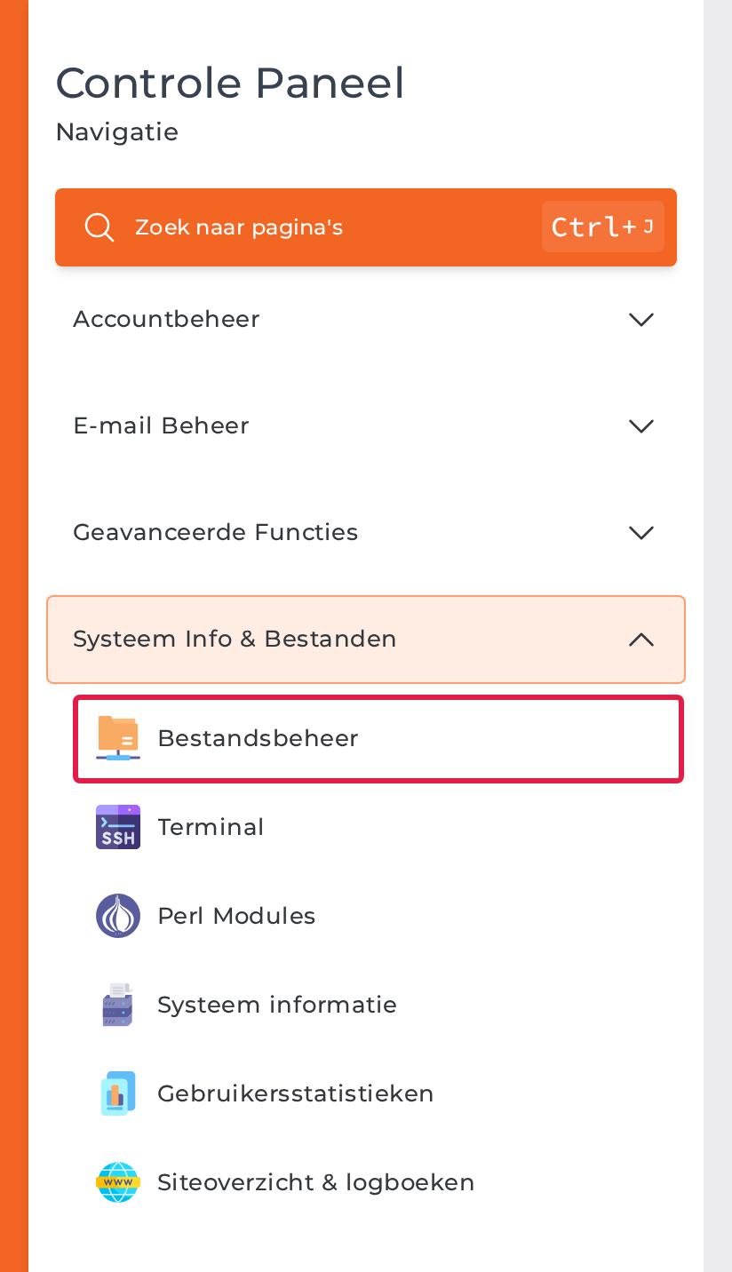 Het menu van DirectAdmin met Systeem Info & Bestanden uitgeklapt en Bestandsbeheer omkaderd