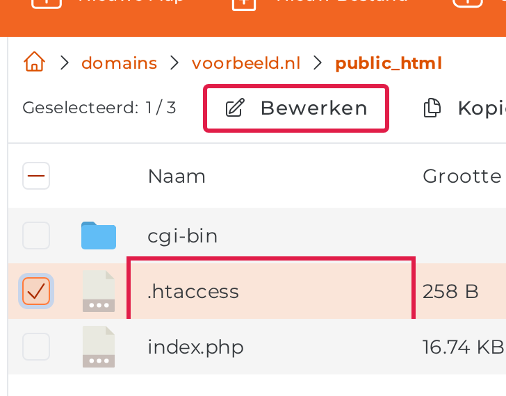 Bestandsbeheer in de map public_html met .htaccess aangevinkt en Bewerken omkaderd