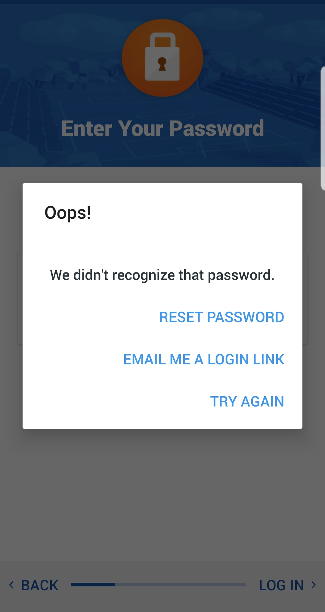 Android password reset pop-up screen