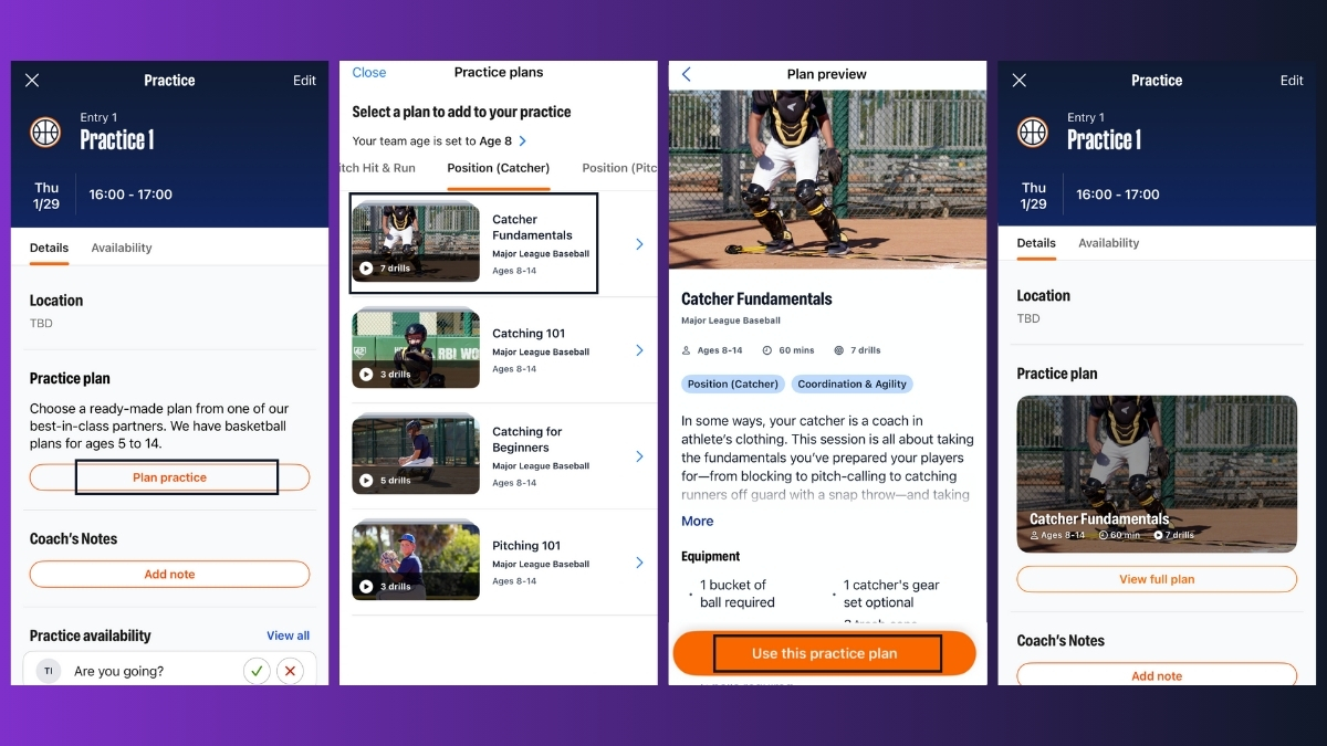 A step by step walkthrough of adding a Practice Plan to an already existing practice on the TeamSnap ONE application
