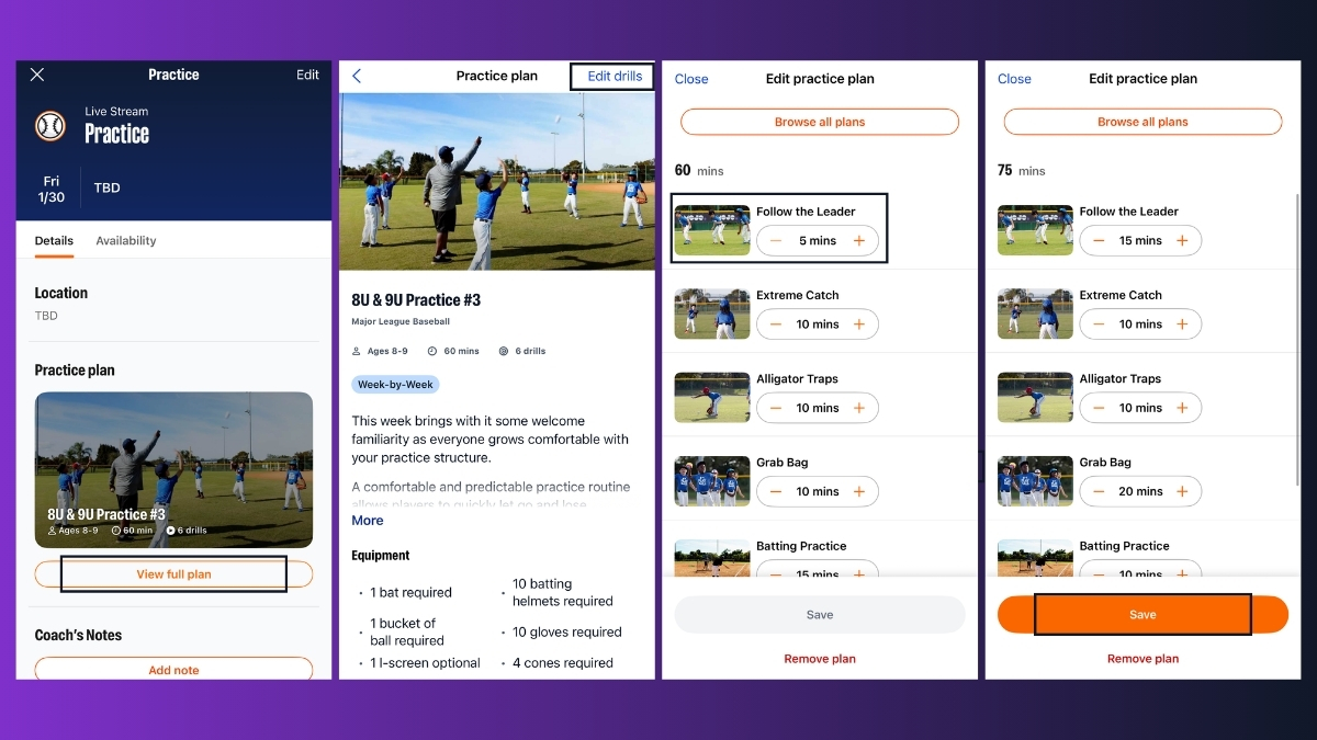 How to adjust the time spent on each drill within a Practice Plan on TeamSnap ONE.