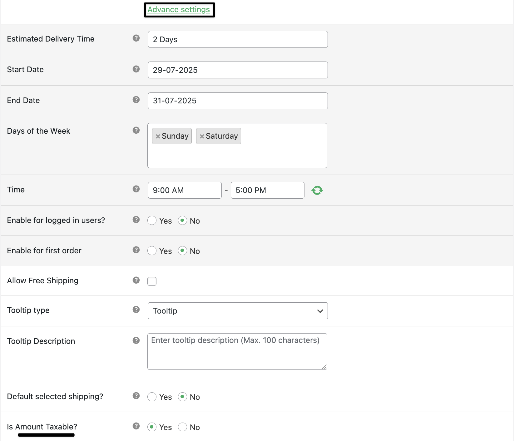 Shipping setting fields