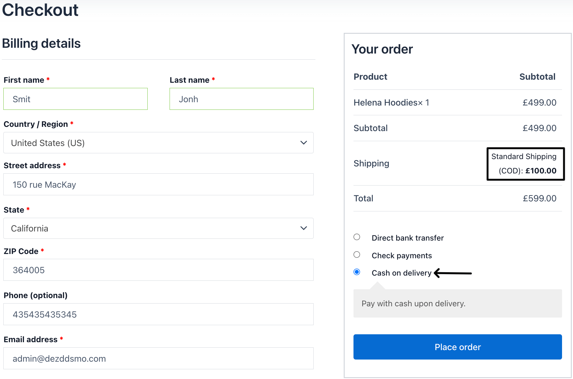 COD shipping based on the cash on delivery payment method