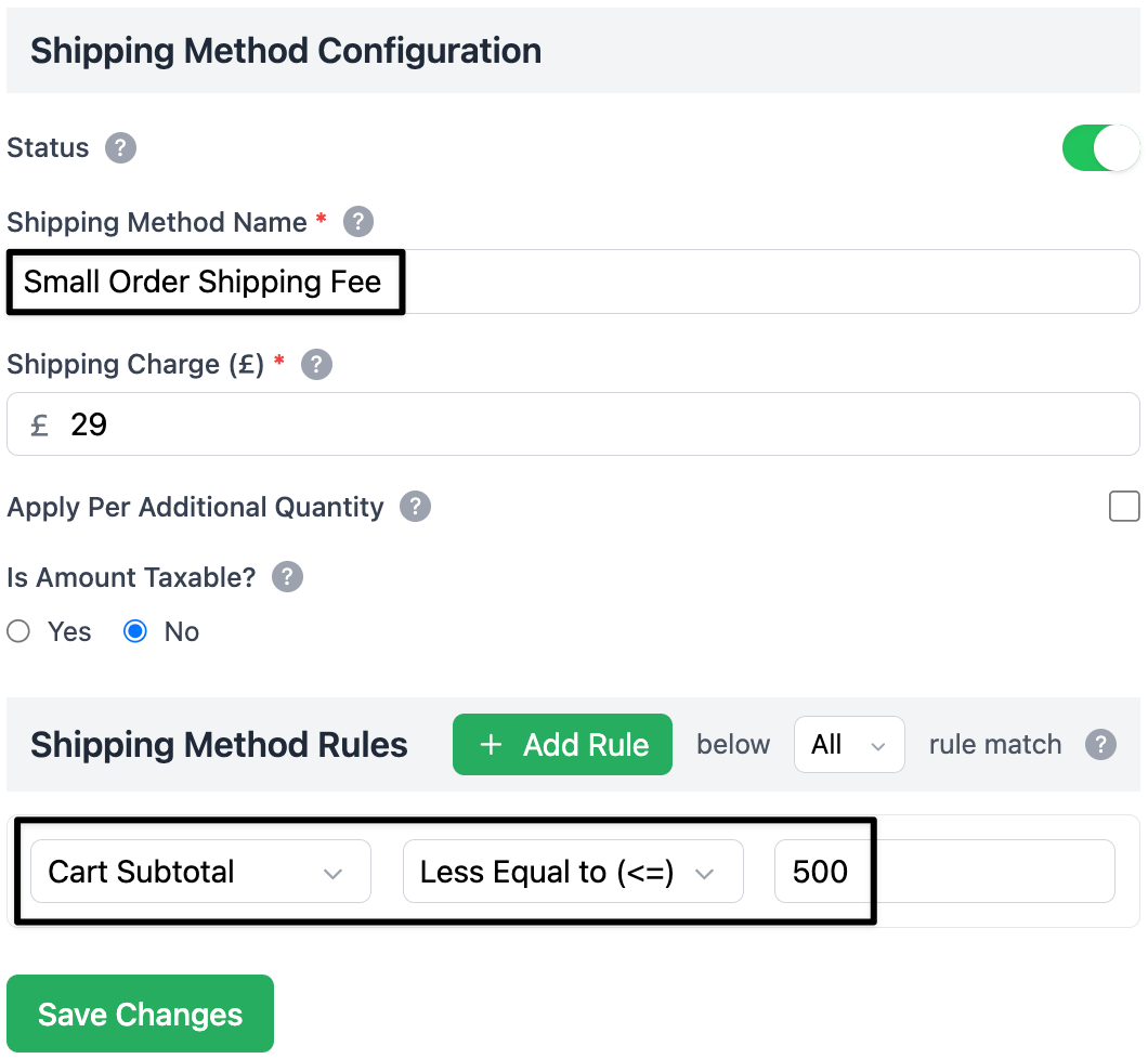 Small Order Shipping Settings