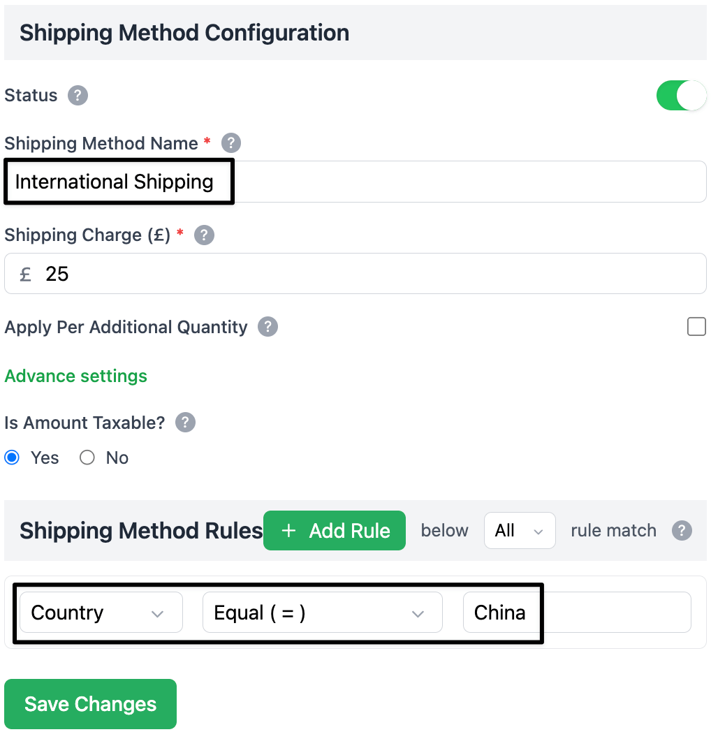 International shipping admin settings