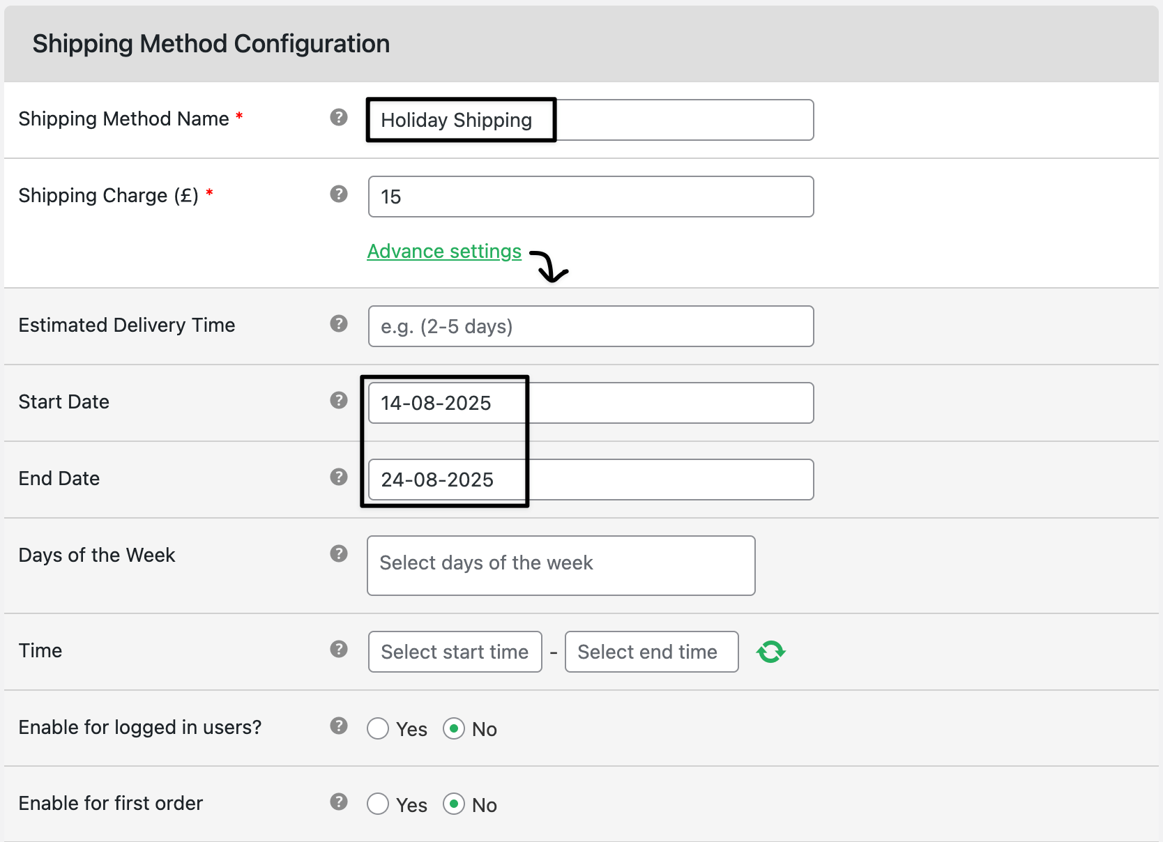 Seasonal shipping settings