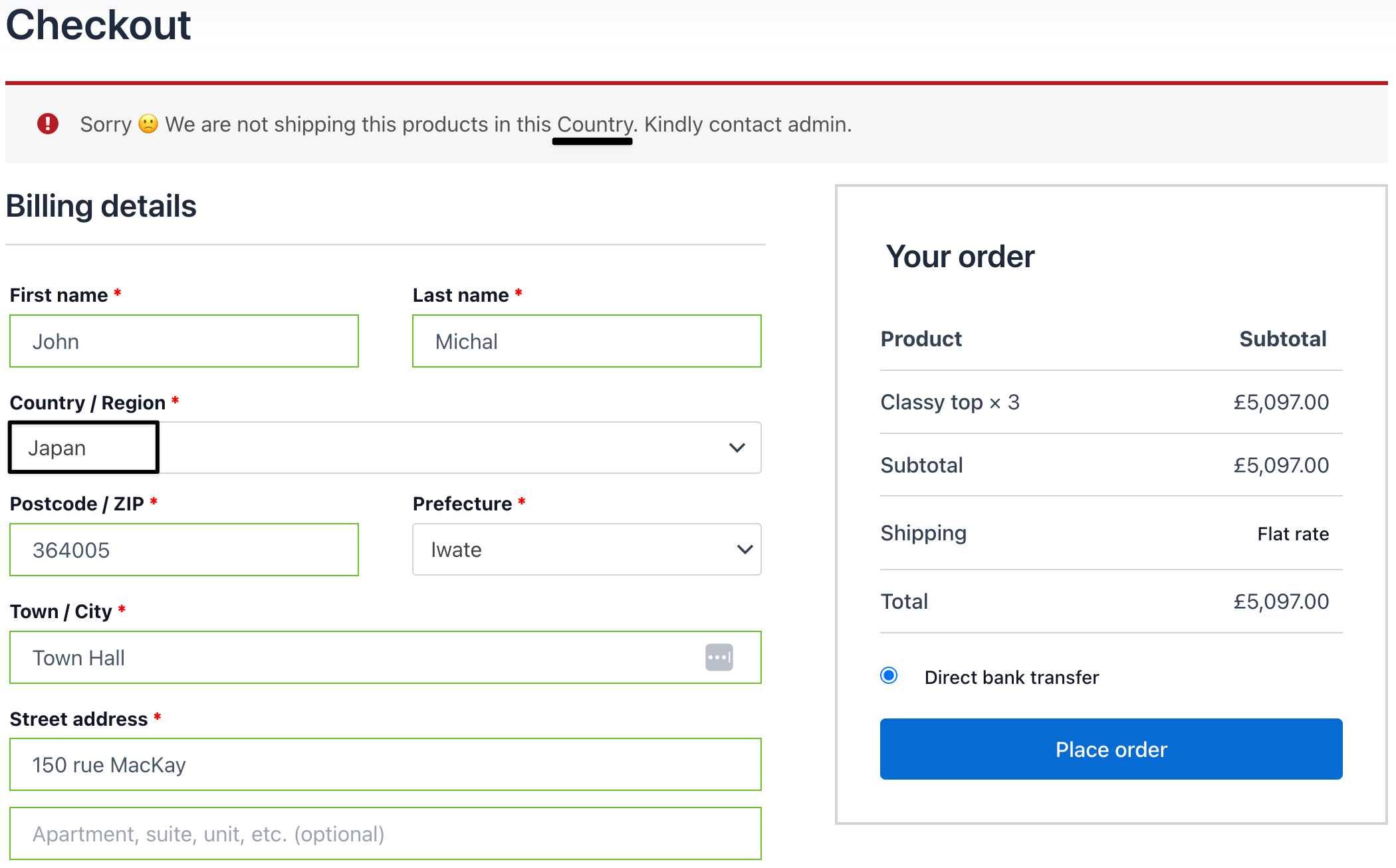 Country based blocking at checkout