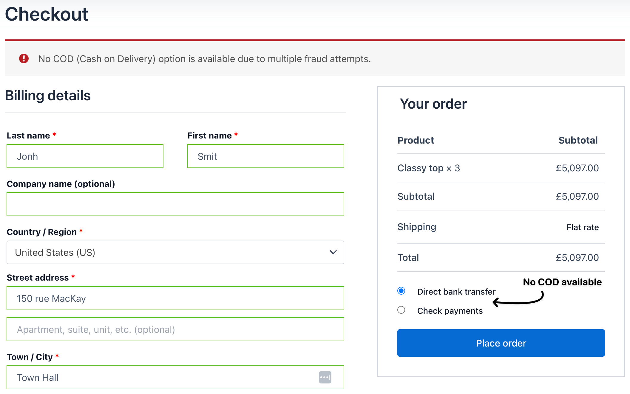 No COD payment option available for fraud user