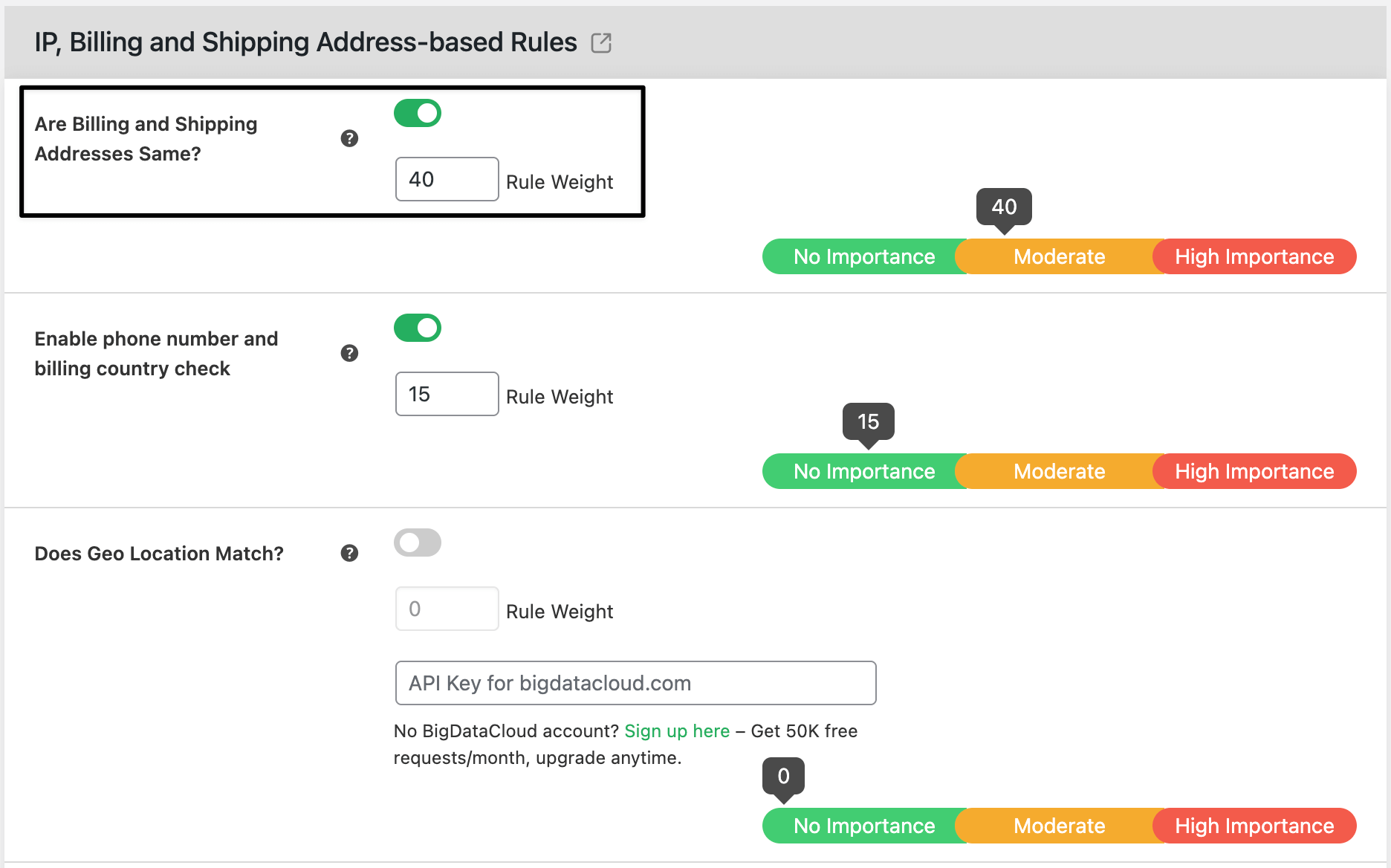 Different address rule weight settings