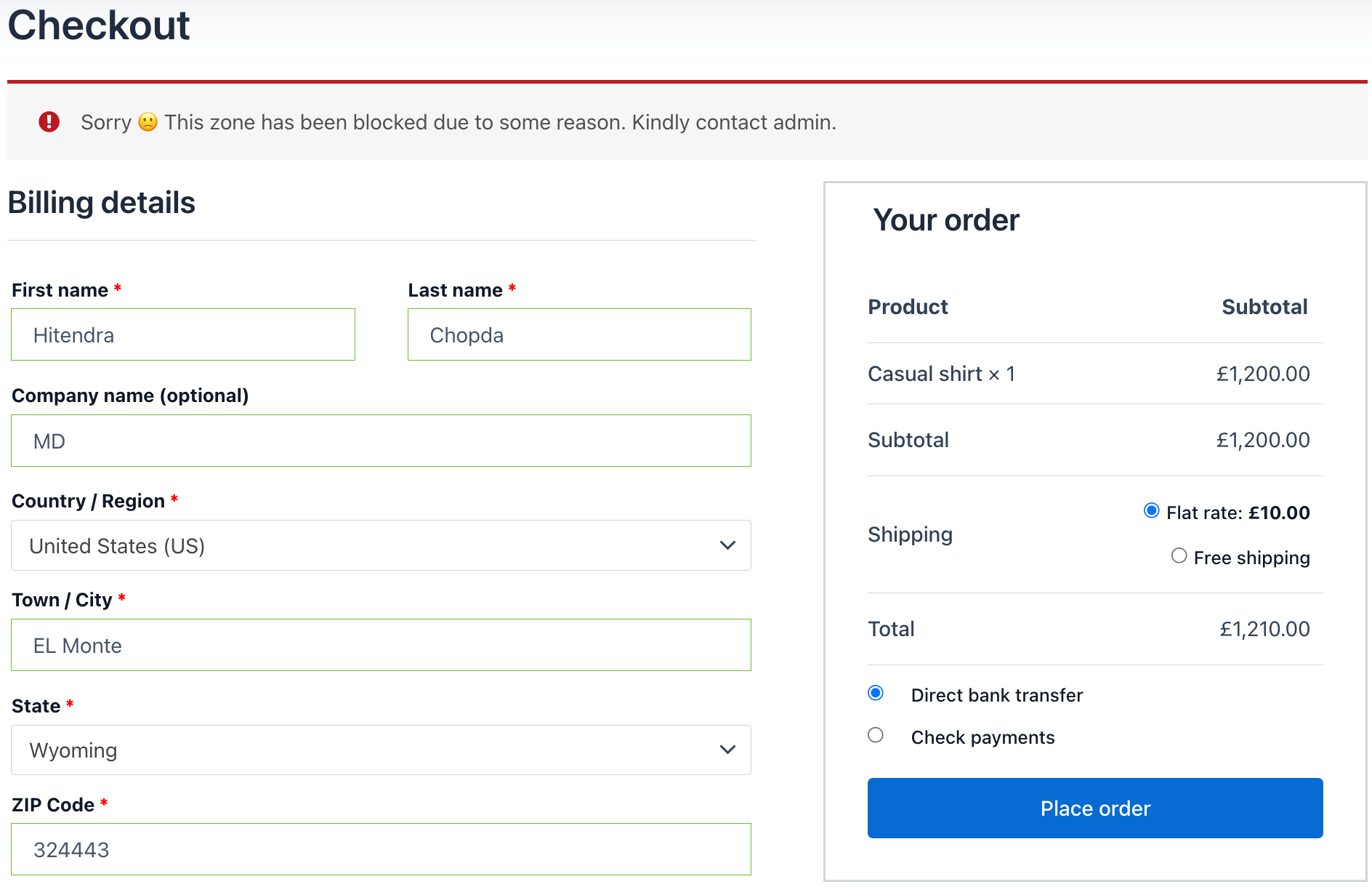 Block users by the zone at checkout