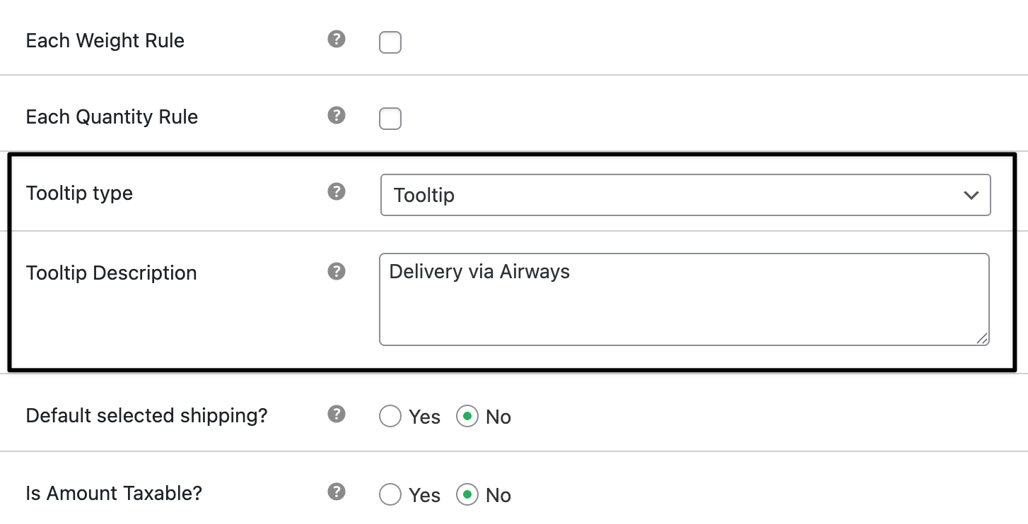 Delivery tooltip setting