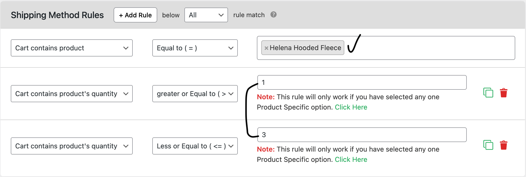 product range shipping method rules settings