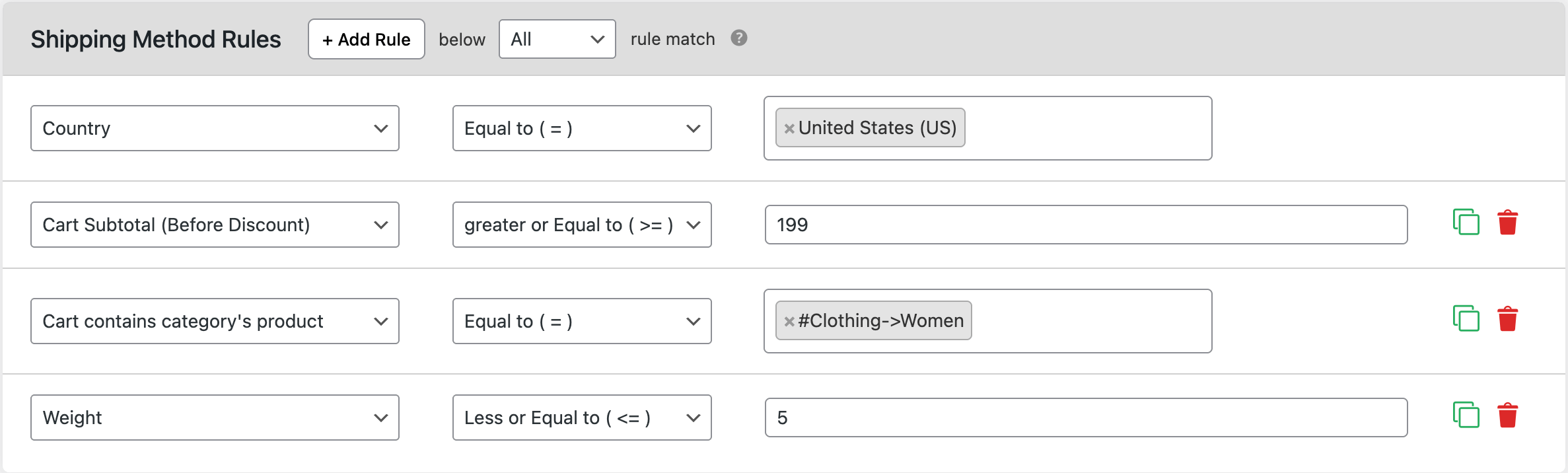Free shipping conditional rule sets