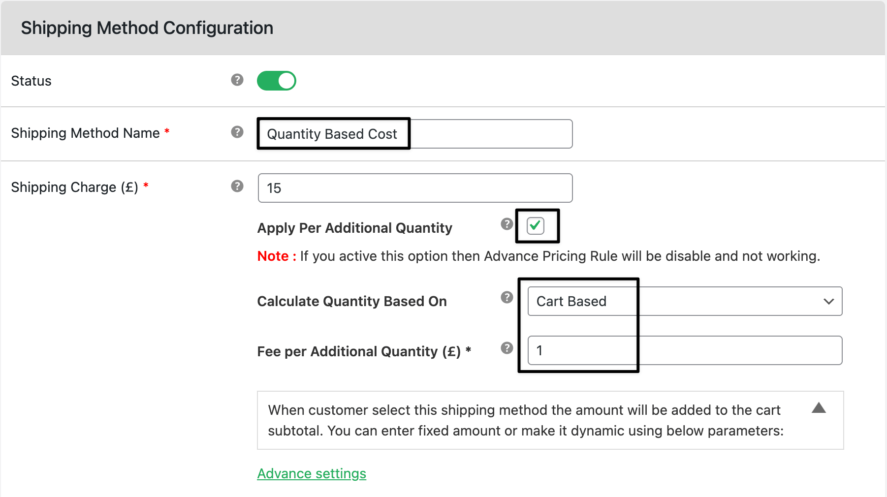 Quantity based shipping method settings