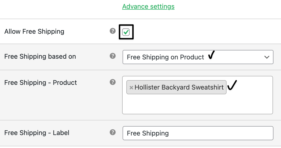 free shipping on special product settings