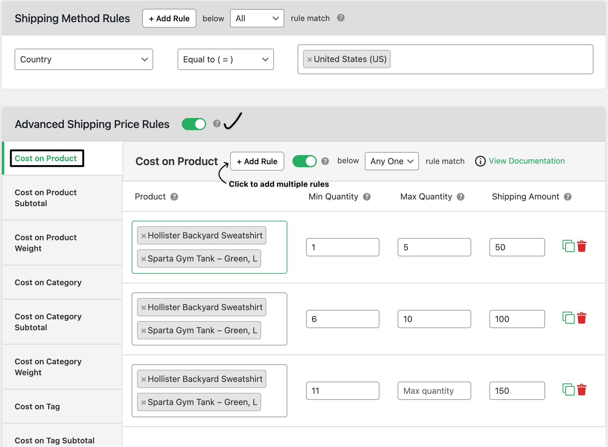 advanced shipping rule for cost on product admin settings