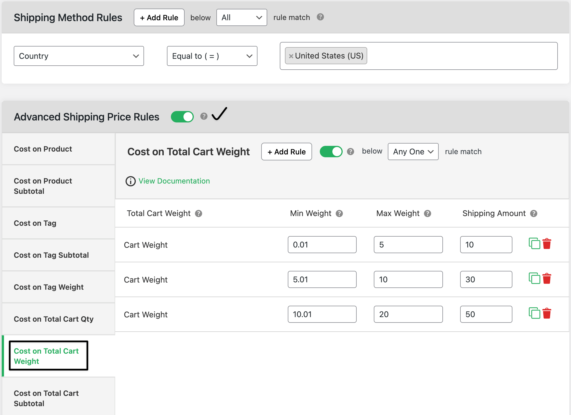 cost on cart weight admin settings