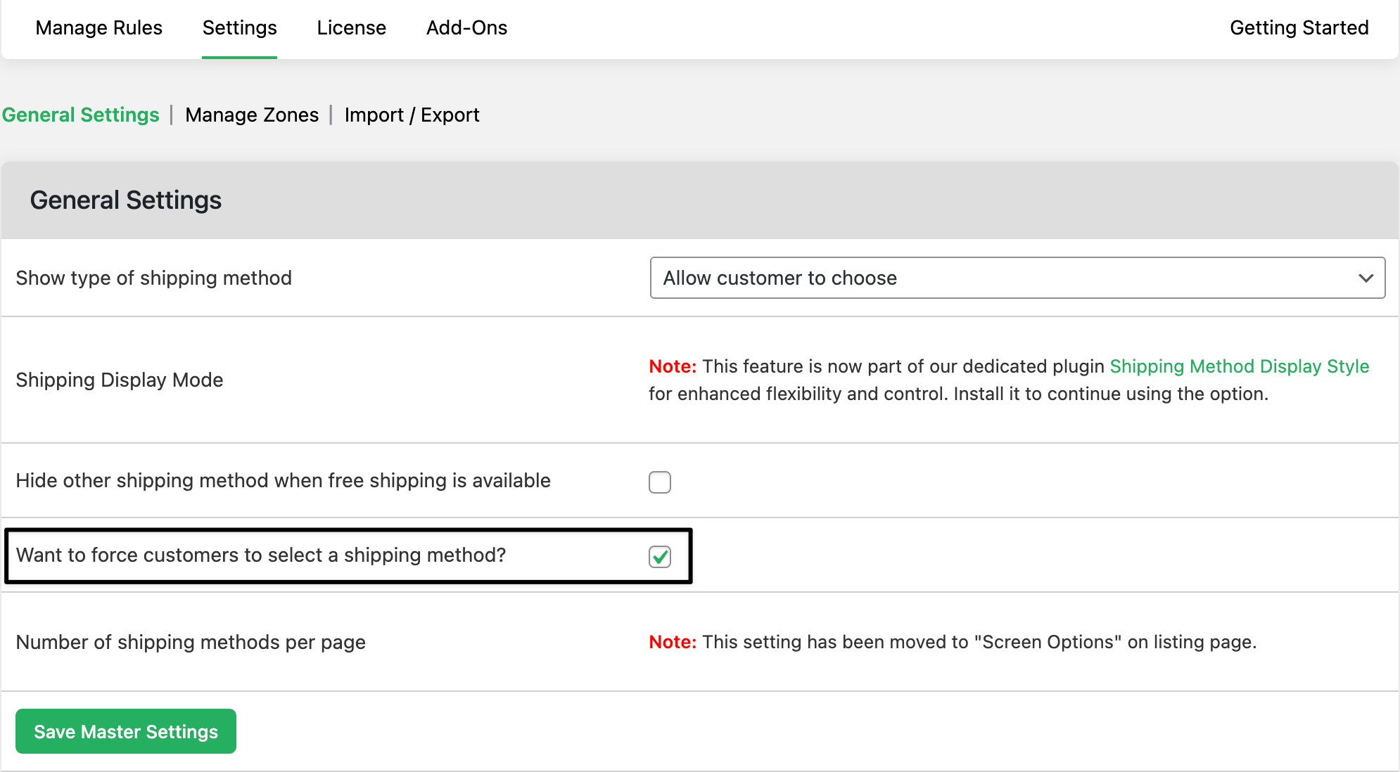 force select shipping admin setting