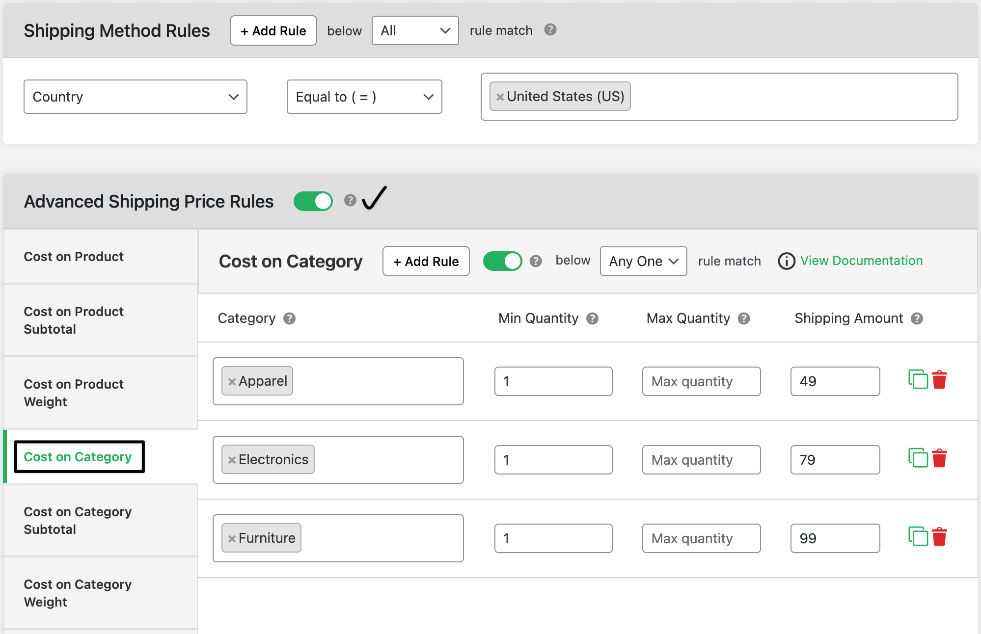 category based rules admin setting