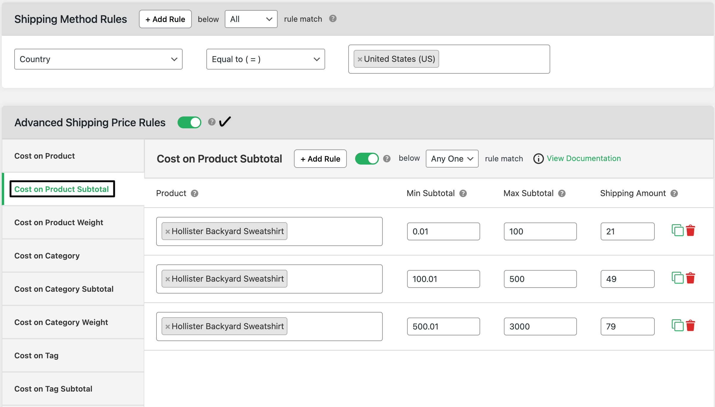 cost on product subtotal range settings