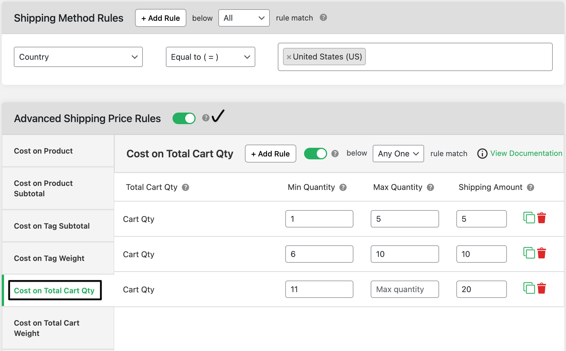 cost on cart quantity range admin side
