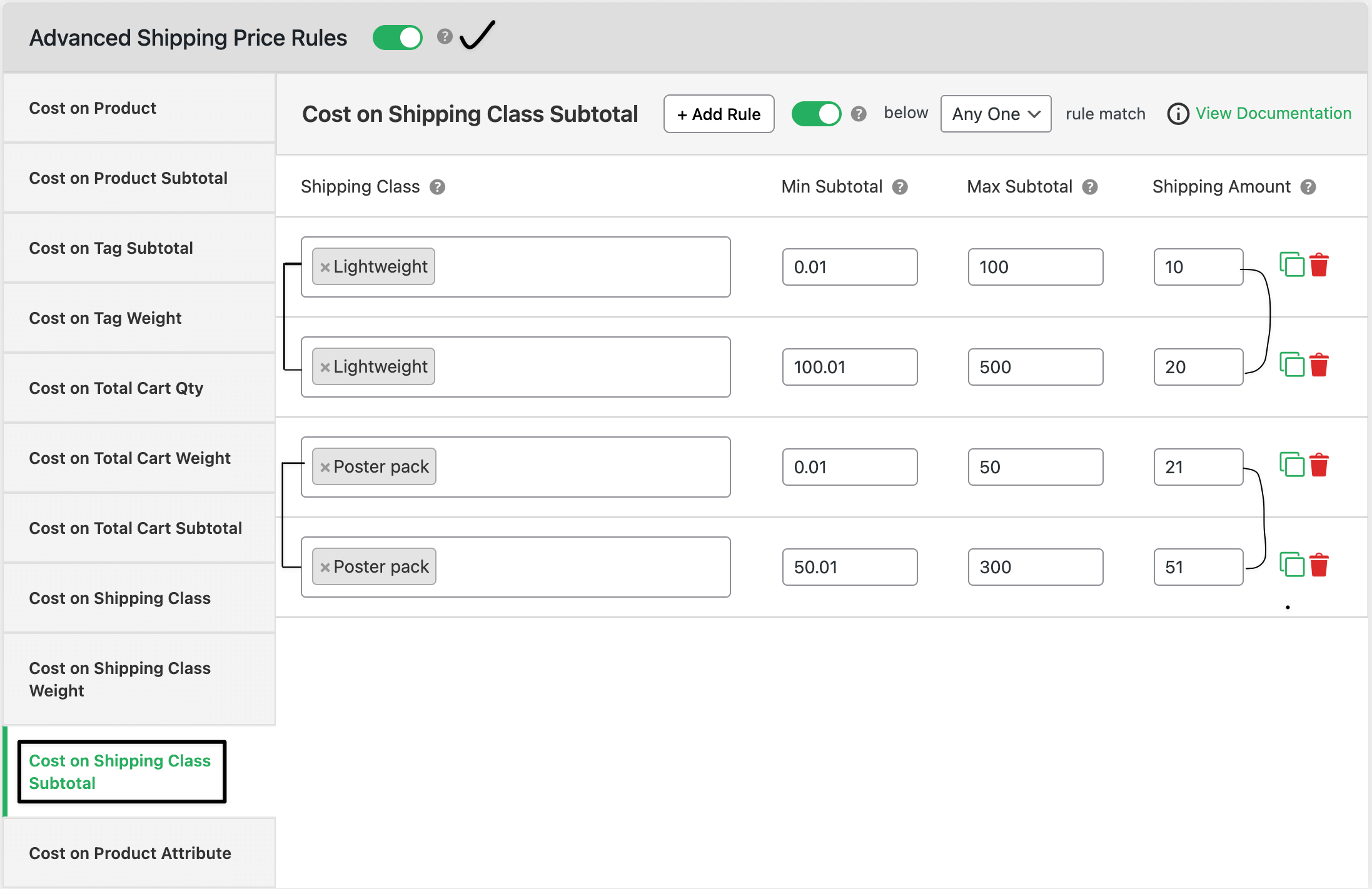 shipping class based charges admin settings