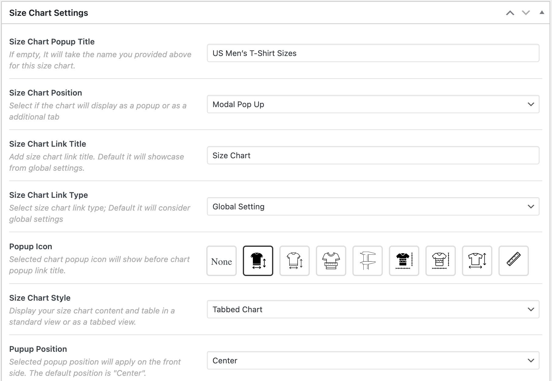 Configure size chart settings