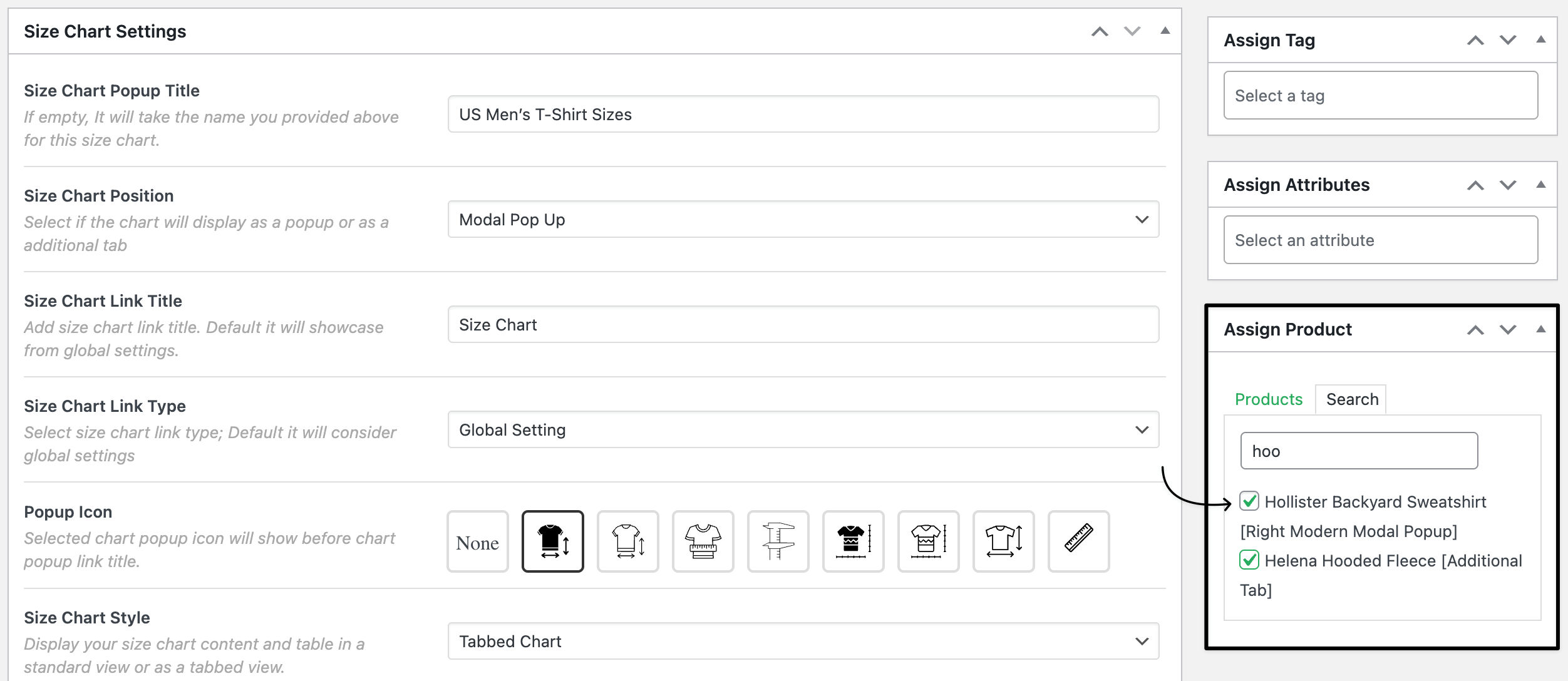 size chart product selection settings