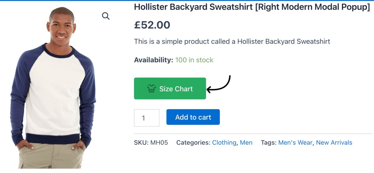 size chart button on product page