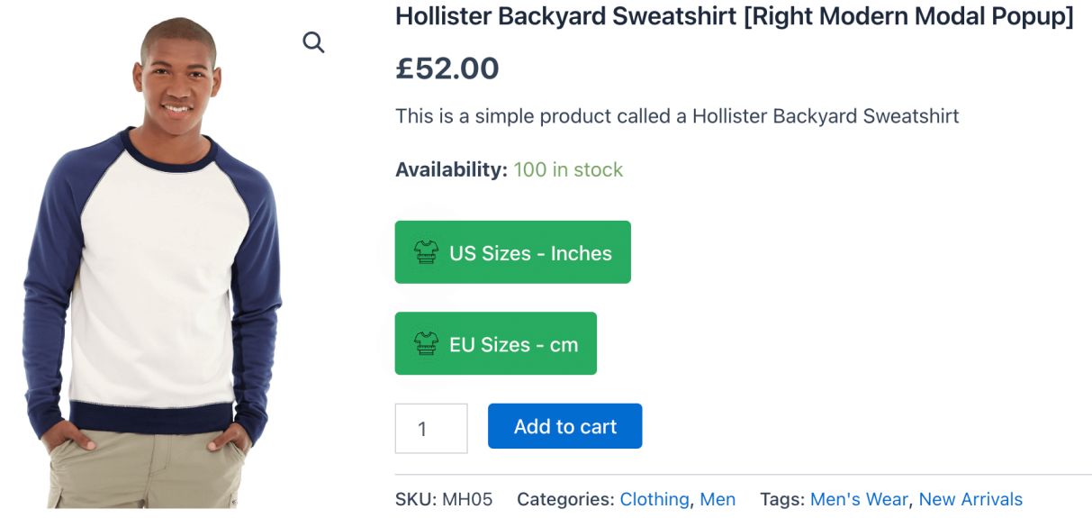multi size chart on product page