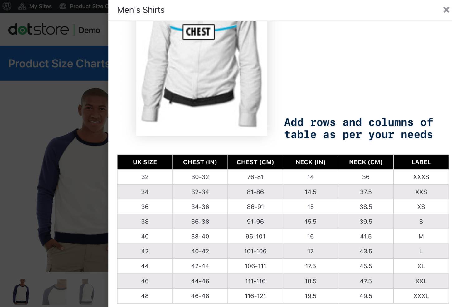 size chart front side at product page