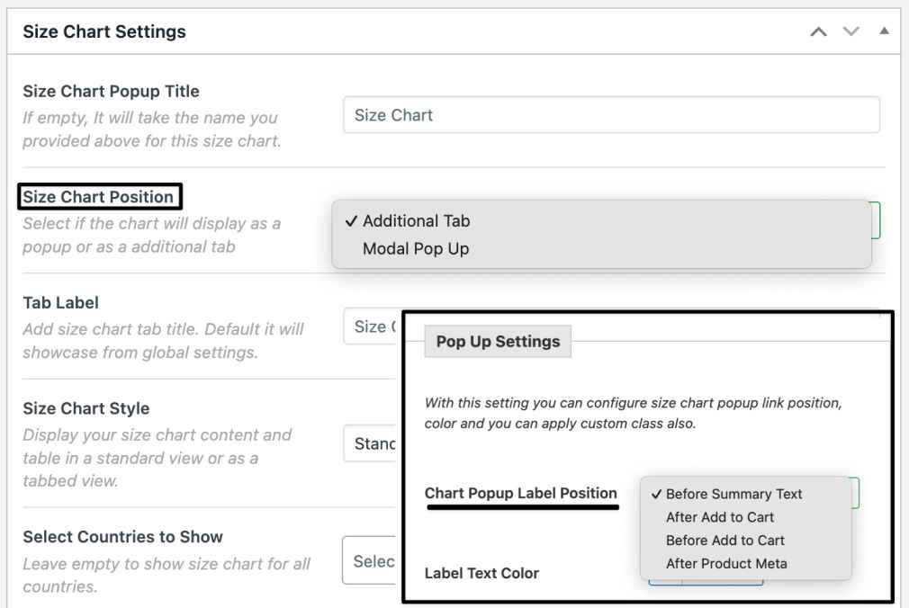 multi size chart setting