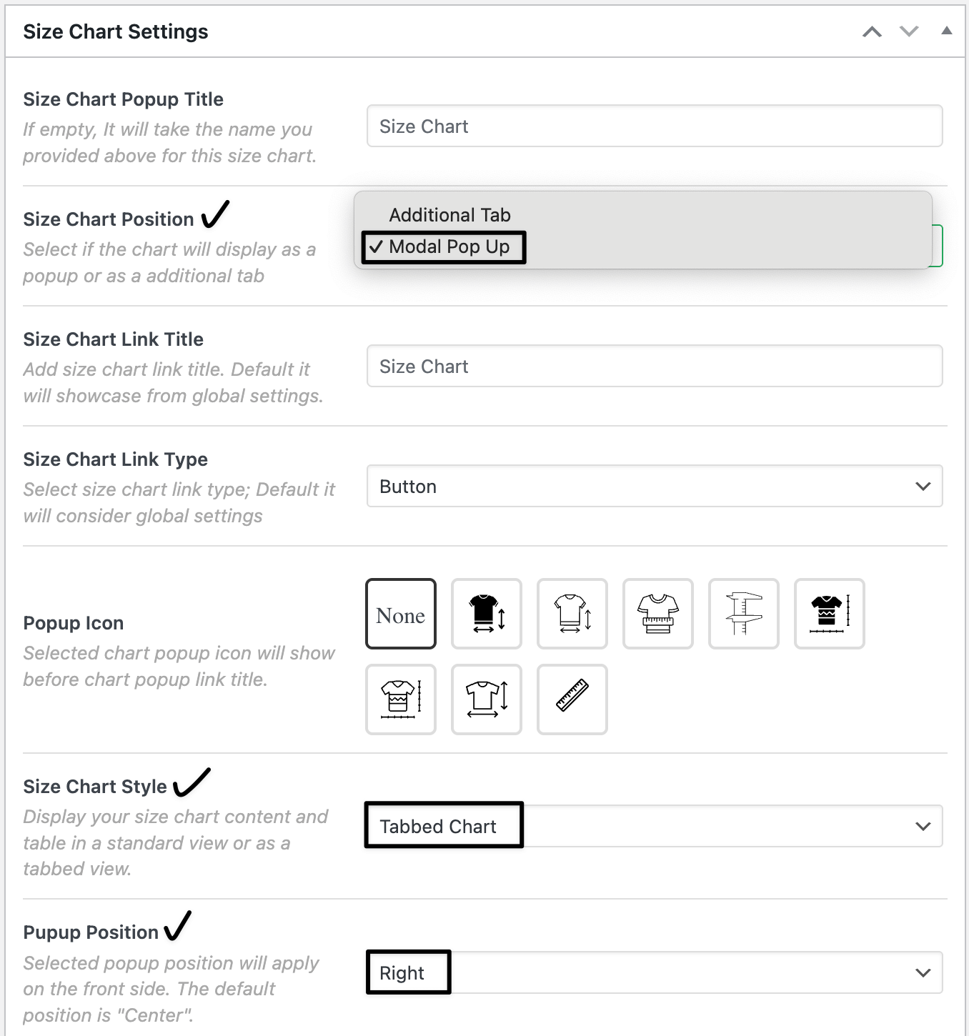 custom size chart table popup admin