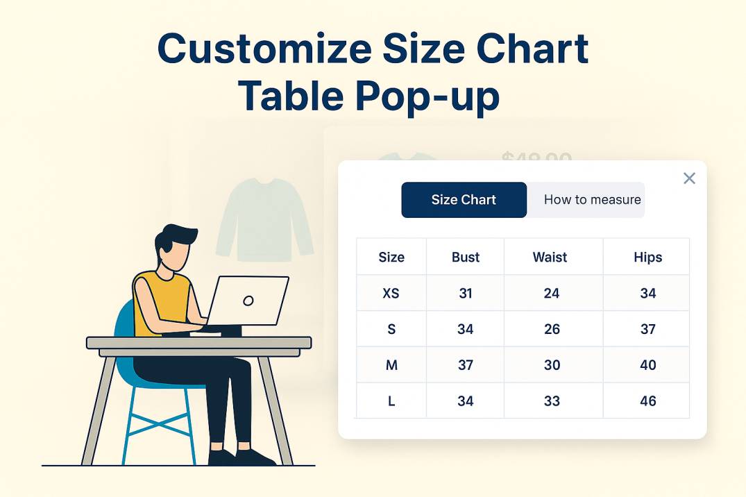 size chart popup with tab right side checkout