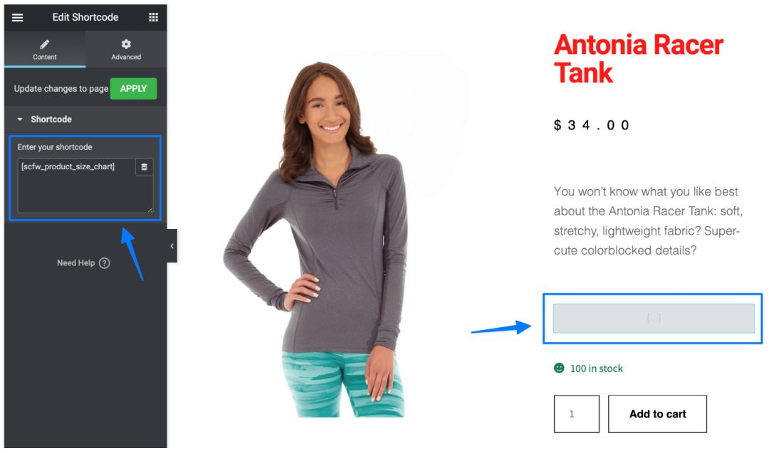 size chart with shortcode in divi