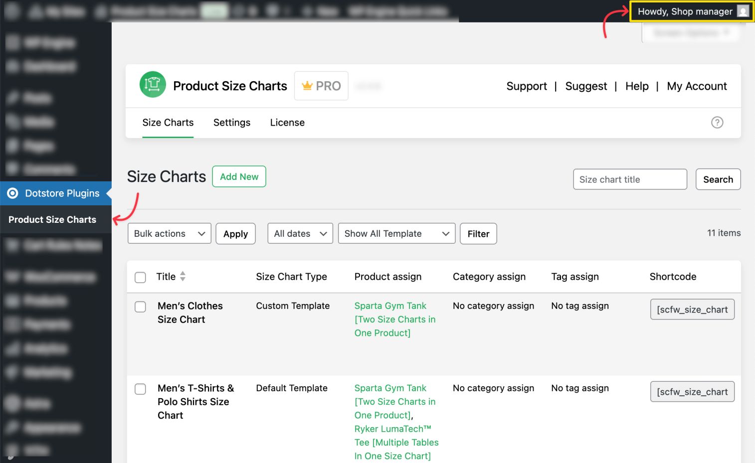 user permission to access the size chart
