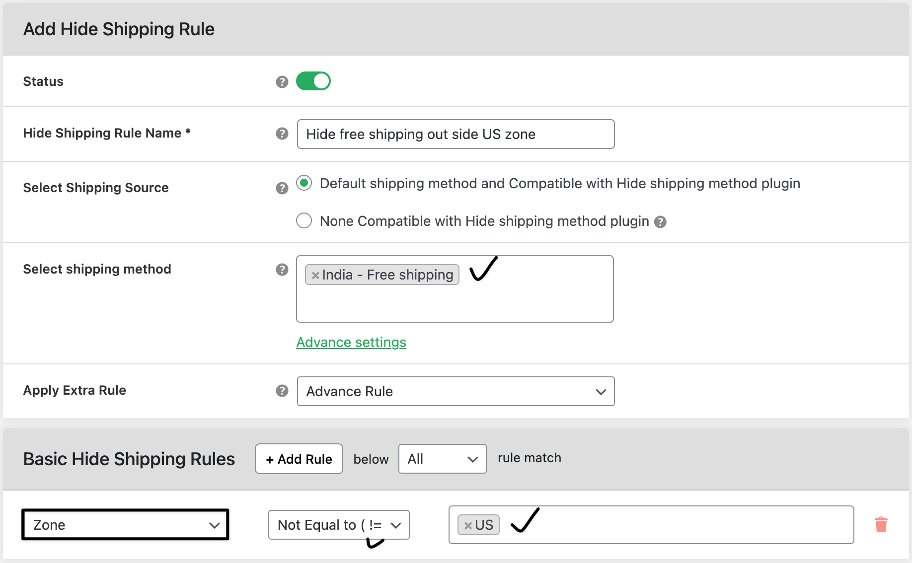 zone based hide free shipping settings
