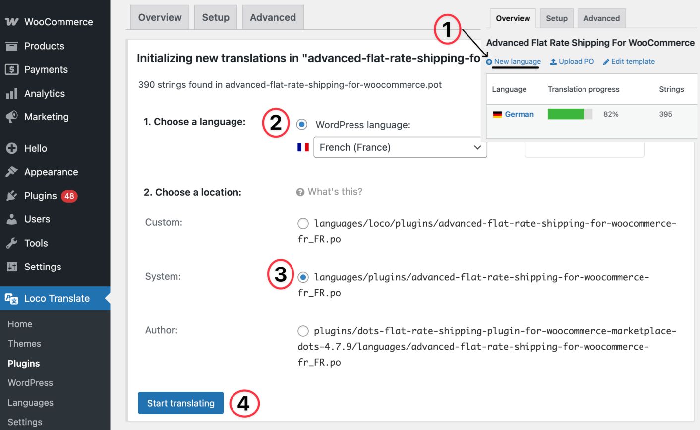 translate plugin with new language admin
